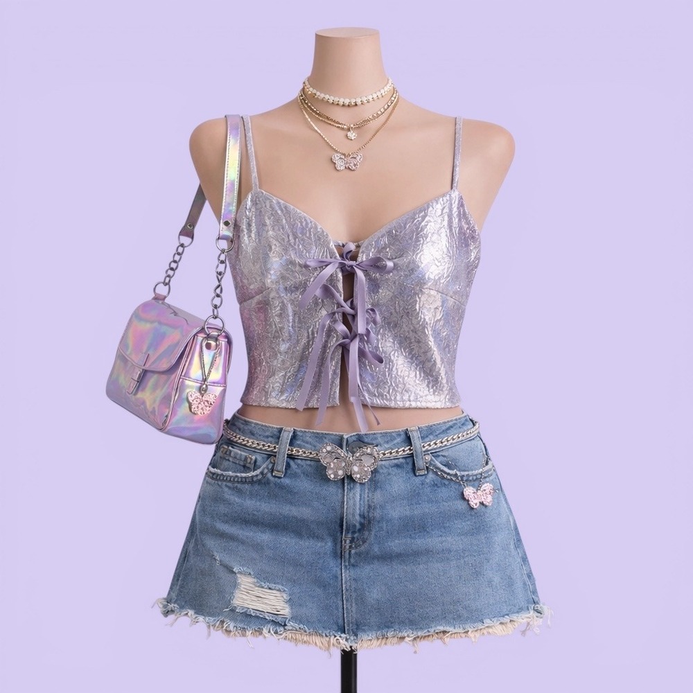 Mable Purple Metallic Lace Up Cami Crop Top Fairycore Y2K Women's Small Party